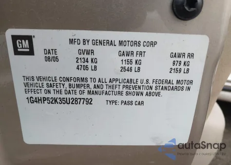 2005 Buick Lesabre Custom z USA, uszkodzony, nr VIN 1G4HP52K35U287792